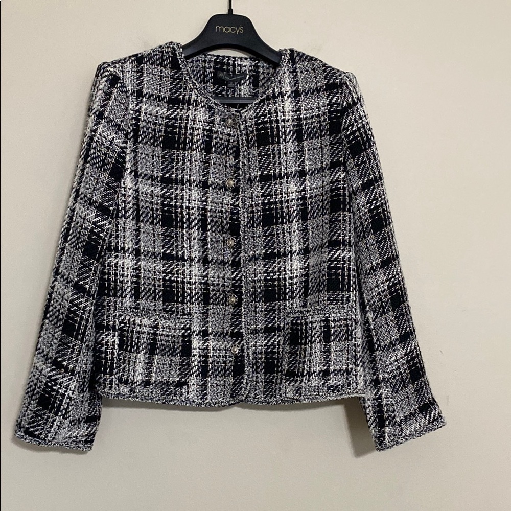 Adrianna Papell Black White Plaid Blazer Tweed jacket coat women M event career